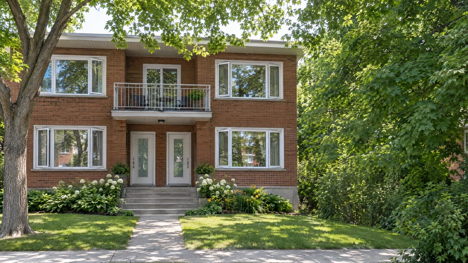Two-storey red-brick duplex with twin front doors, an upstairs balcony door and white casement windows, shaded by maples in summer