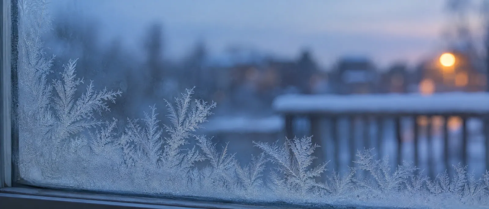 Frost ferns across a window pane, with a snowy street softly blurred in blue behind the glass