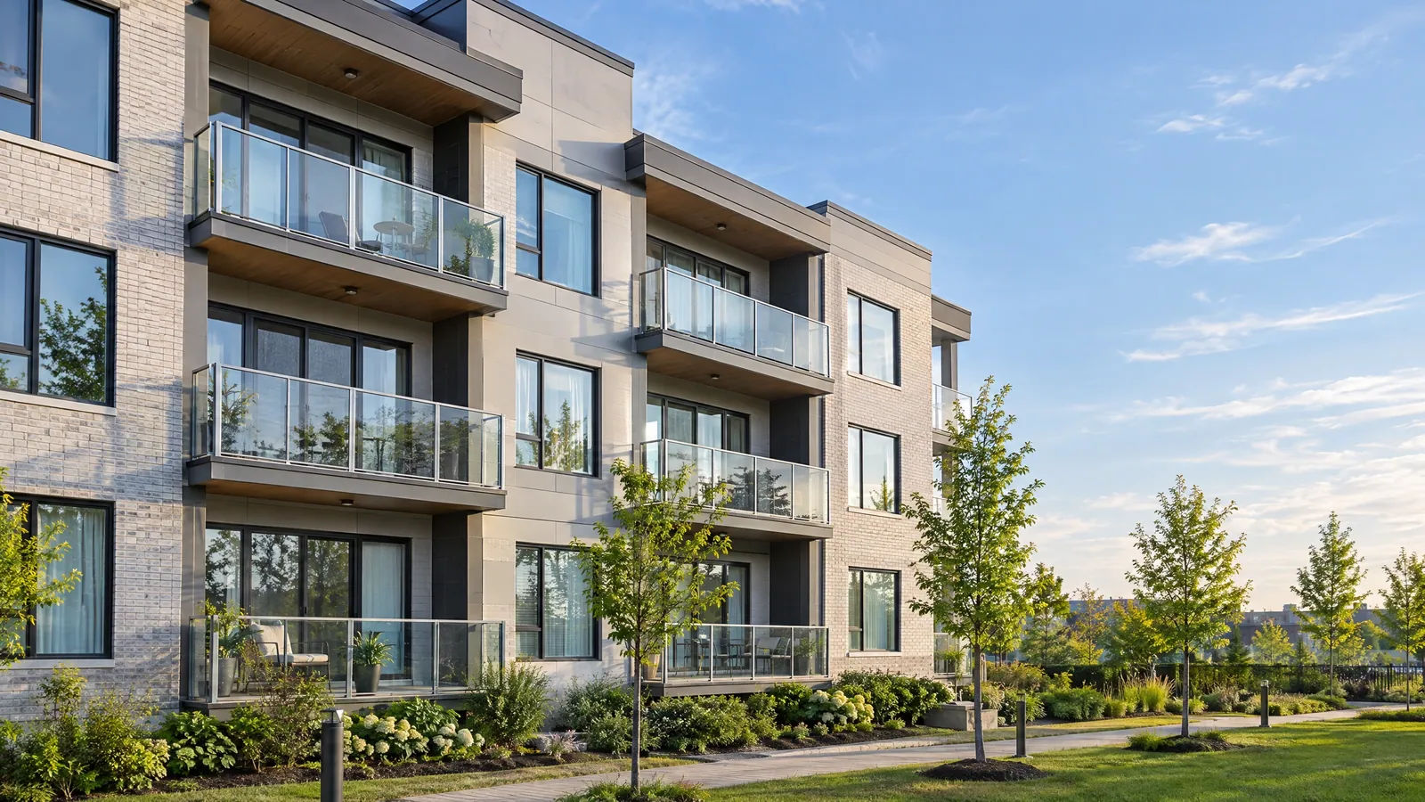 Recent four-storey condo building with glass balcony railings and tall sliding patio doors above a landscaped lawn in evening light