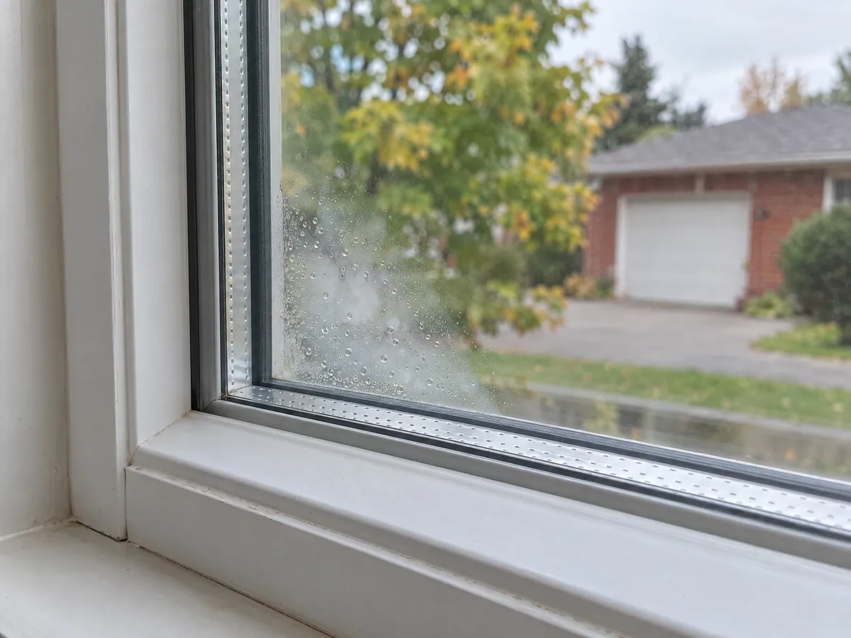 Fog and small water droplets trapped between the two panes of a window thermos, seen from inside a flat
