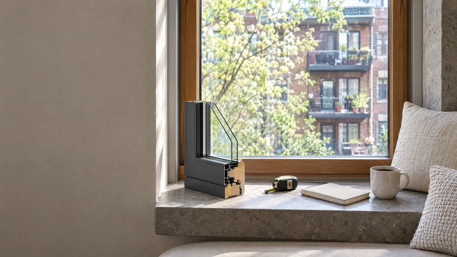 Deep stone window sill with a cut-away corner sample of a hybrid window frame, a tape measure, a notebook and a coffee cup, brick plex balconies across the street