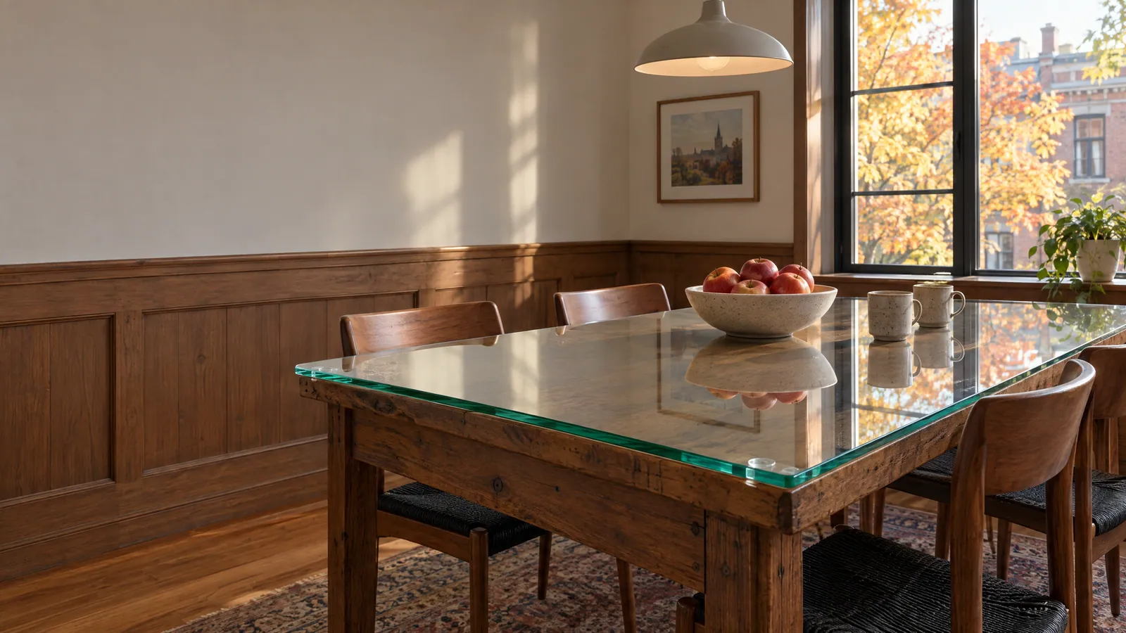 Clear glass top with a polished edge on a rustic wood dining table in a plex dining room