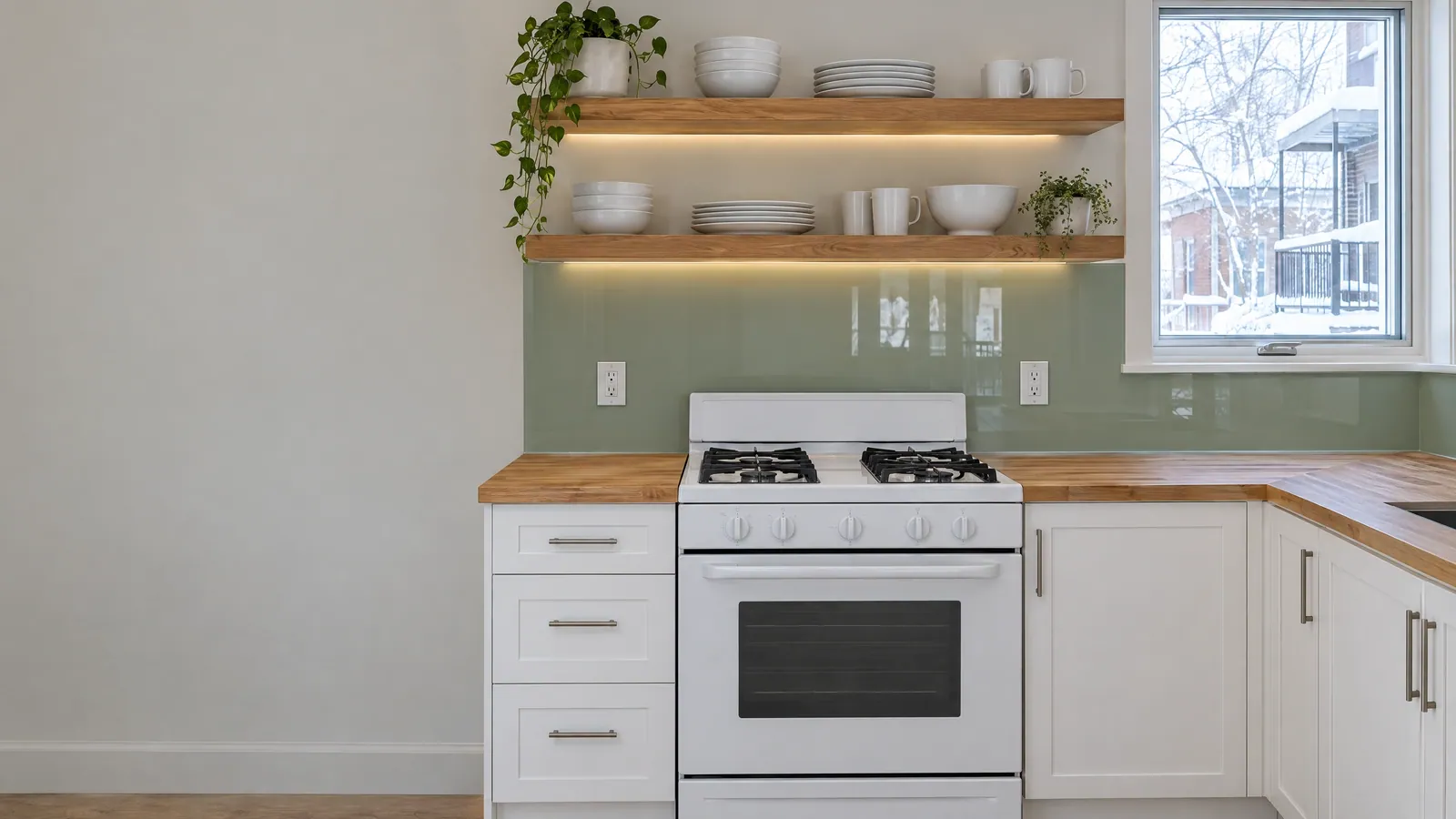 Sage-green back-painted glass backsplash behind a white gas range in a plex kitchen, with outlets cut through the glass, butcher-block counters, open wood shelves and a snowy balcony outside the window
