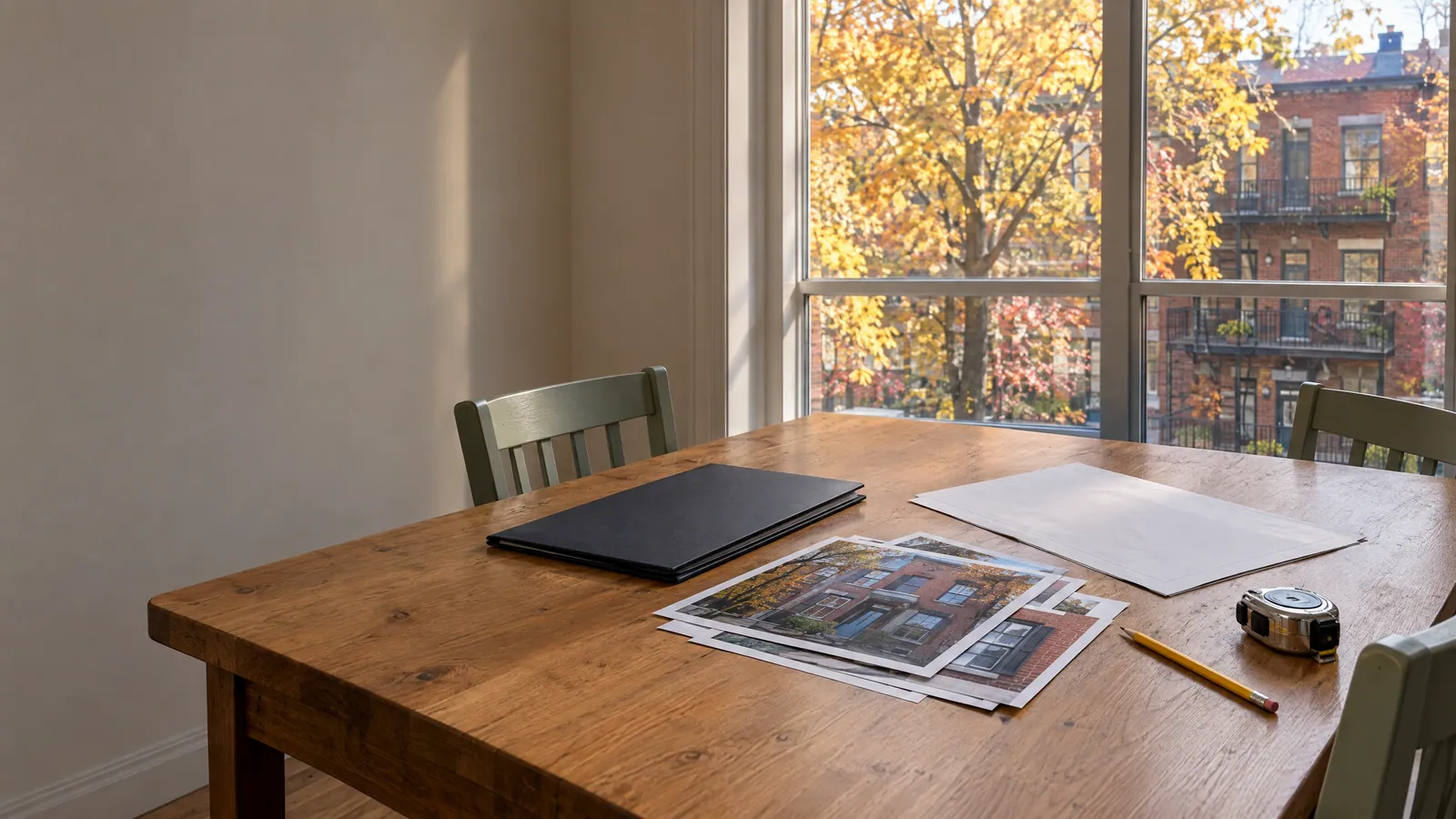 Wooden kitchen table by a tall window with a black folder, printed photos of a brick plex façade, a blank sheet, a pencil and a tape measure, autumn trees and triplex balconies outside
