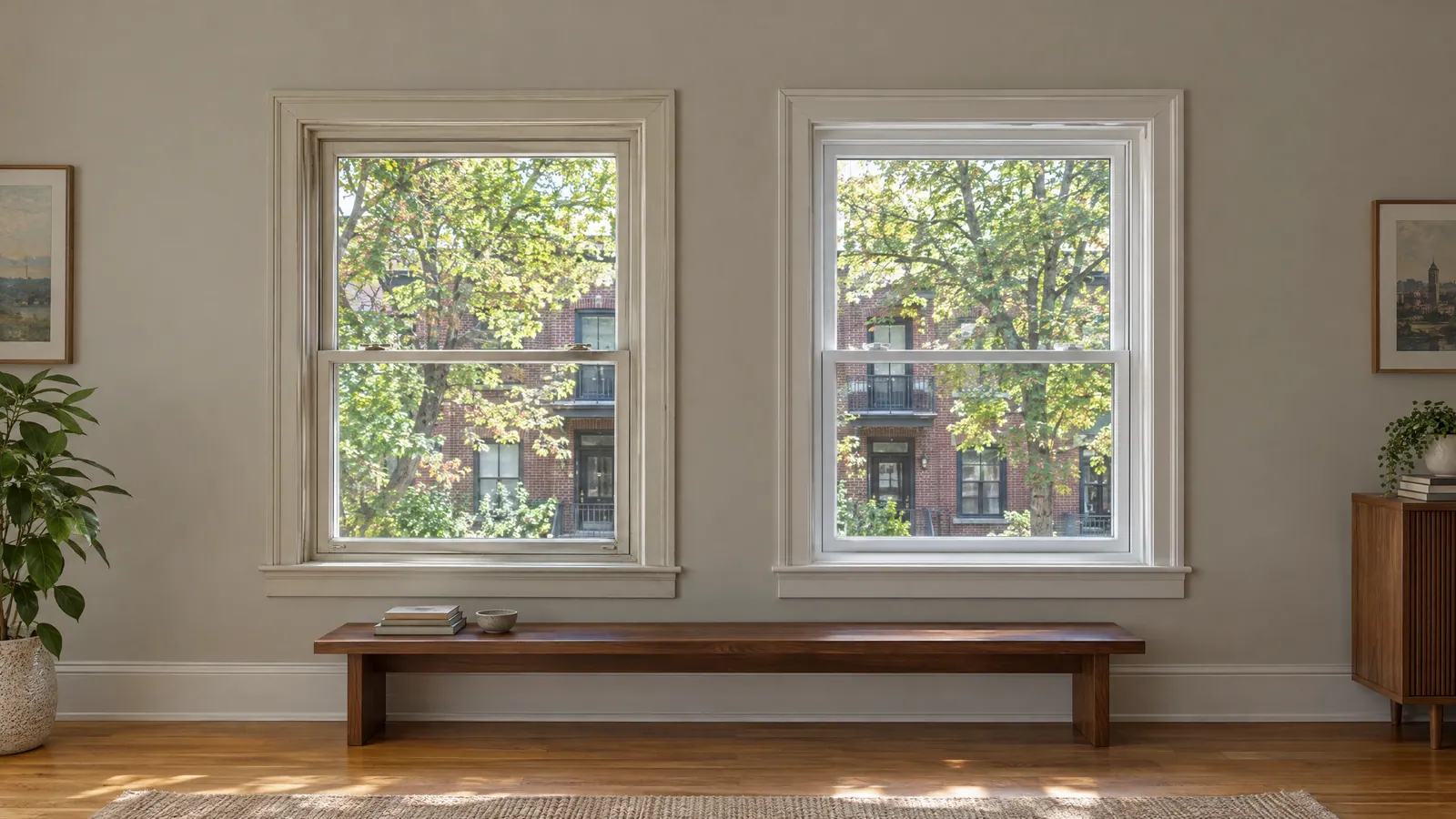 Two plex windows side by side, one restored wood and one new hybrid, for comparison
