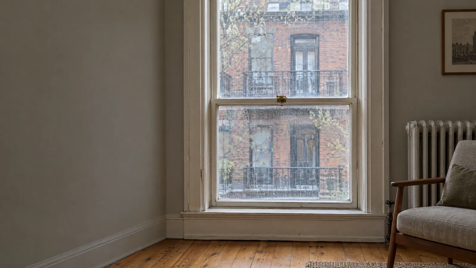 Original wood guillotine window in the front room of an older plex, rain on the glass