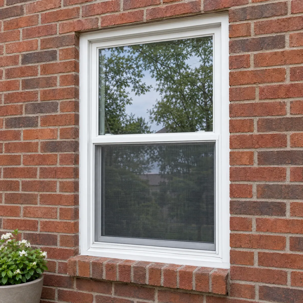 White double-hung window in red brick with a half screen on the lower sash