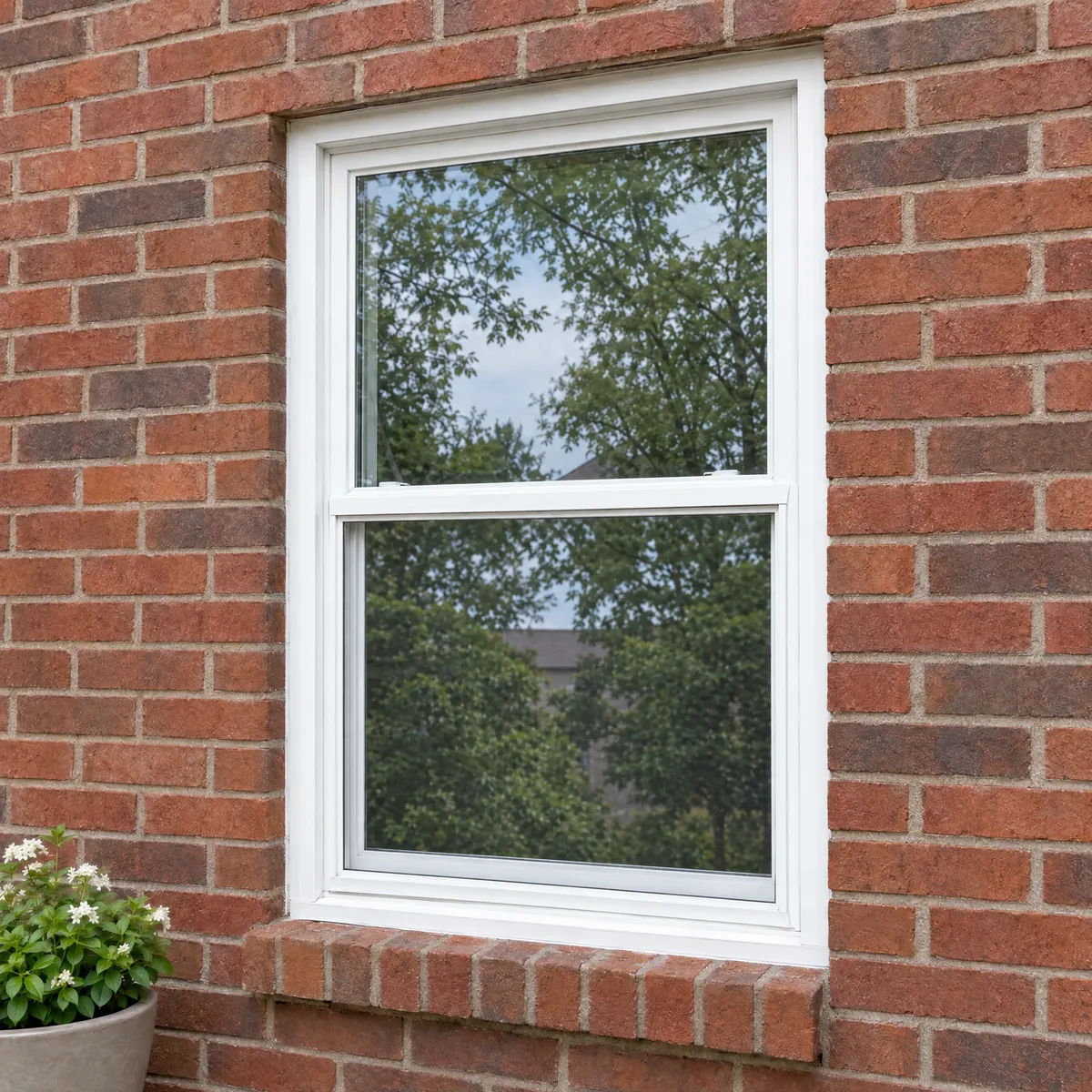 White double-hung window in red brick with no screen on the lower sash