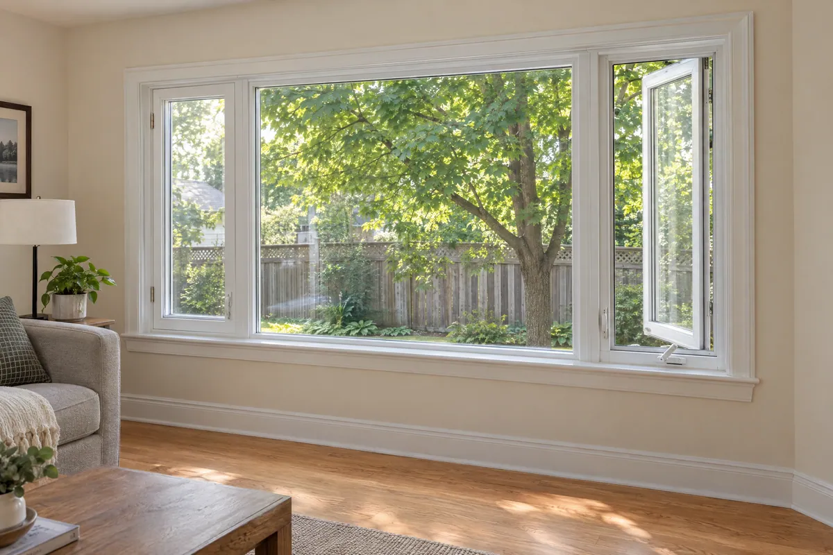 Large fixed picture window between two white casements, the right one cranked open onto a leafy backyard