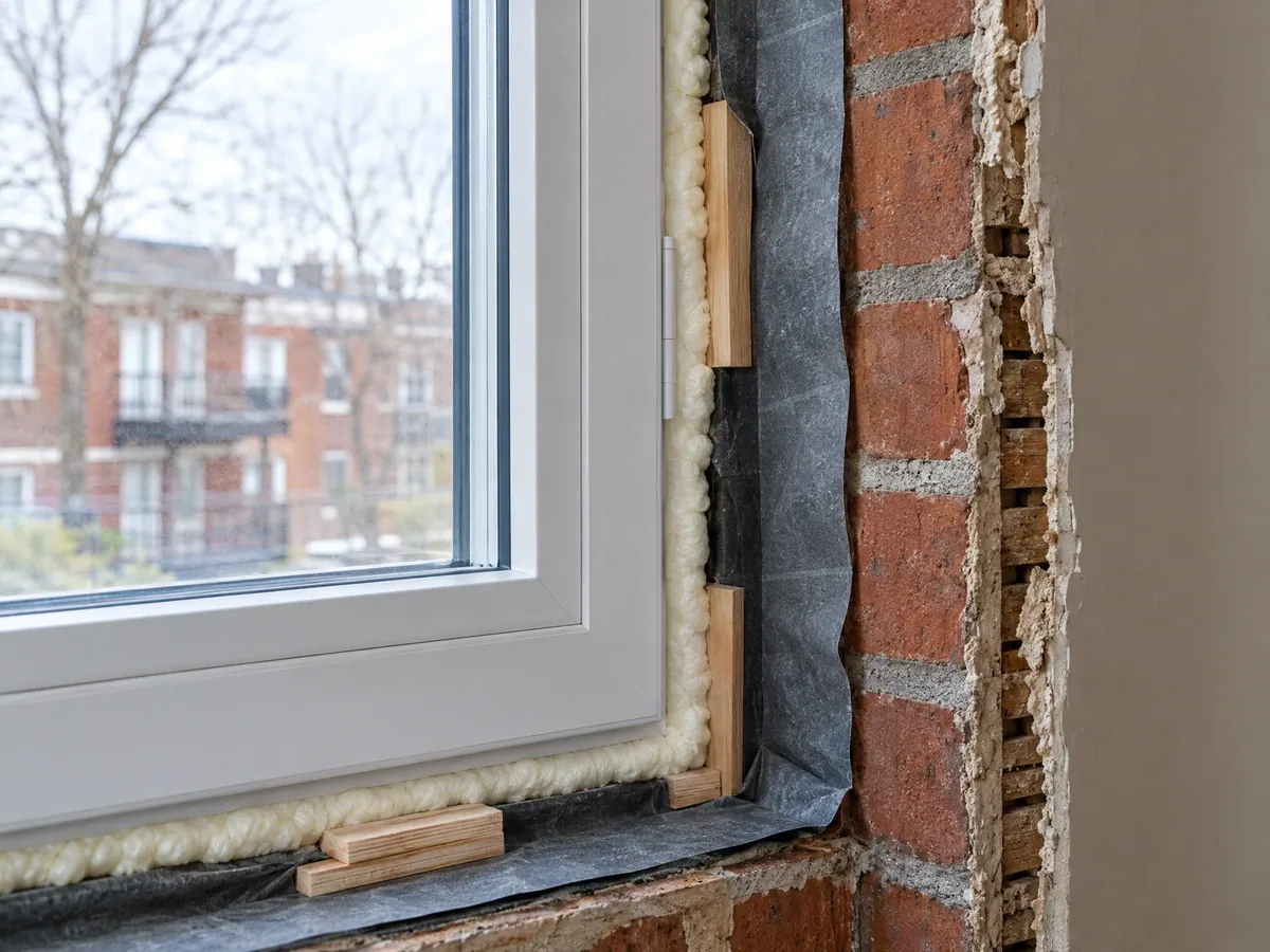 New window frame set into a plex rough opening, with wood shims at the corners and expanding foam insulation around the frame