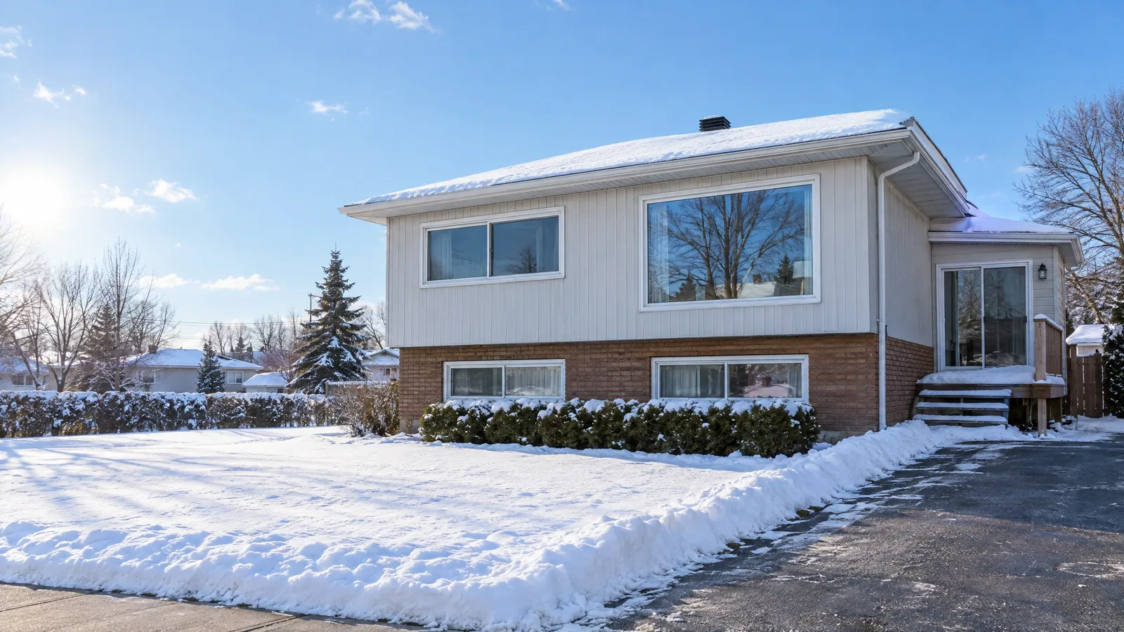 Split-level house with white siding over a brick lower storey, two sliding windows, a large picture window and a side patio door, in fresh snow under a low winter sun