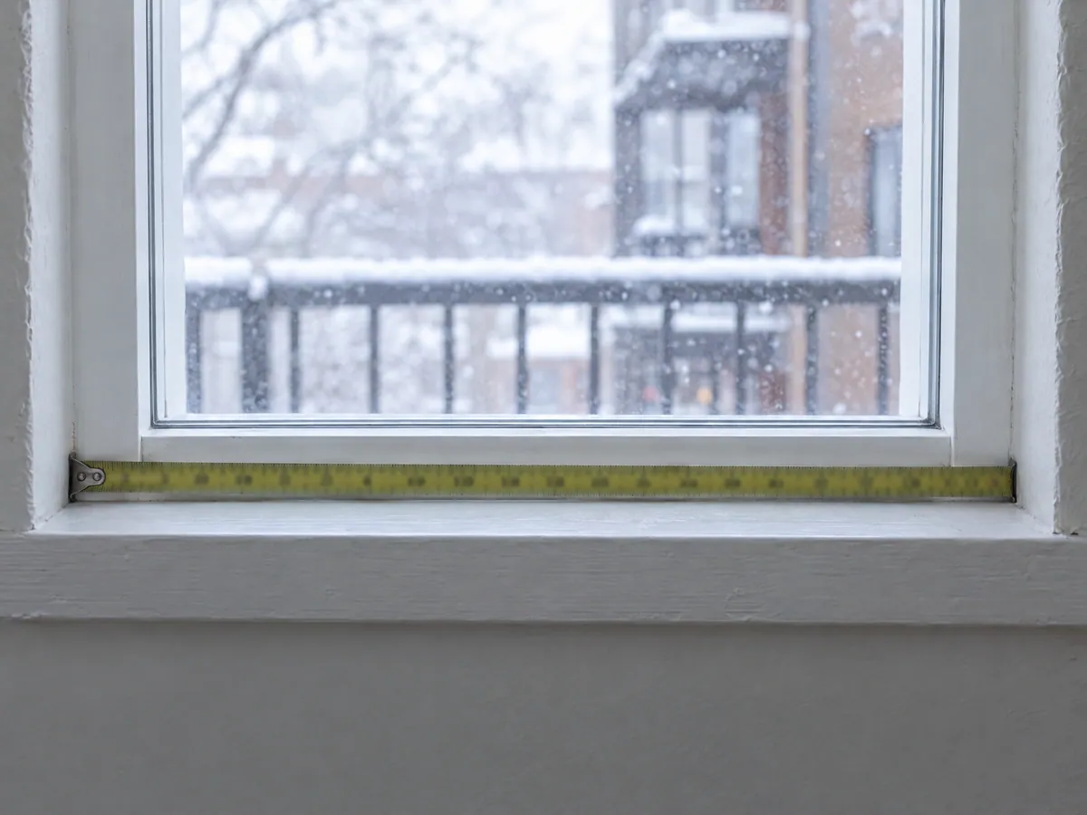 Yellow tape measure stretched across the bottom of an existing white window frame, with snow falling on a plex balcony railing outside