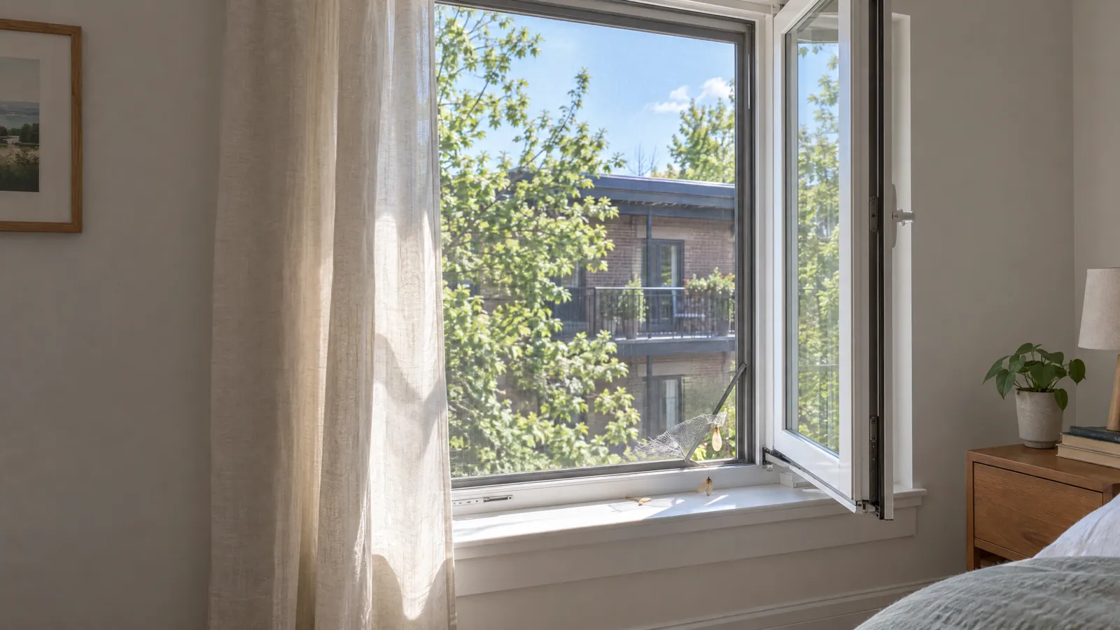 Open casement window in a plex bedroom, its interior screen torn and curling at the lower corner, with brick balconies across the street