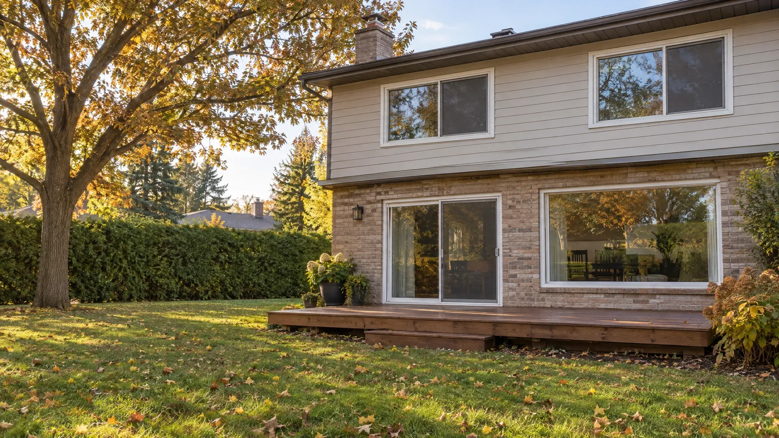 Back of a two-storey brick and siding house with a sliding patio door opening onto a wooden deck and a wide picture window, autumn leaves on the lawn