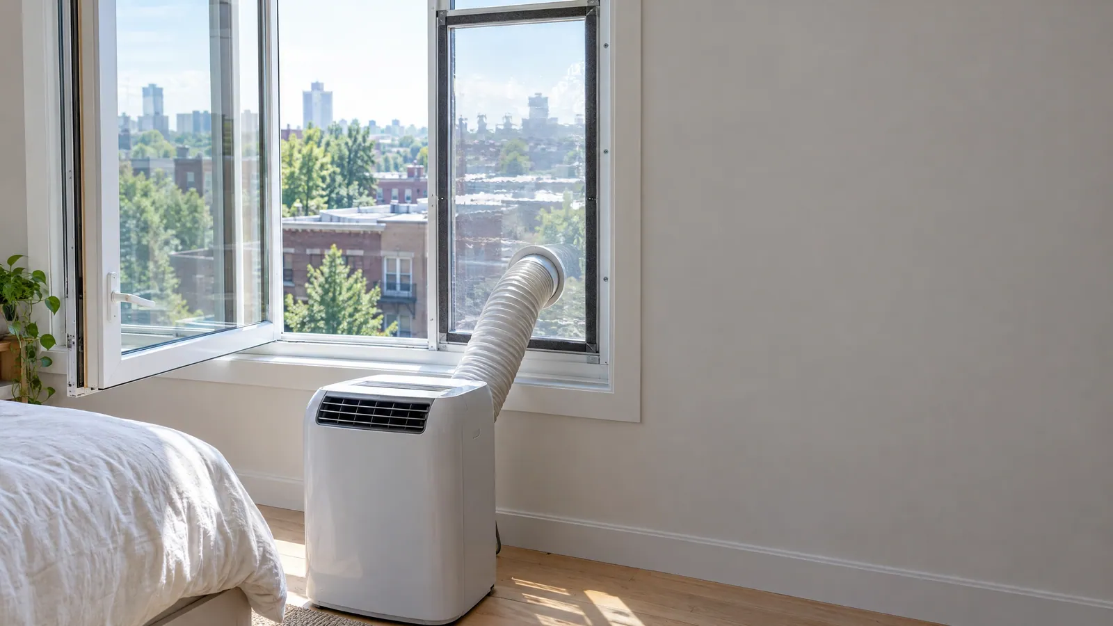 Portable air conditioner whose hose passes through a clear panel in an open casement window