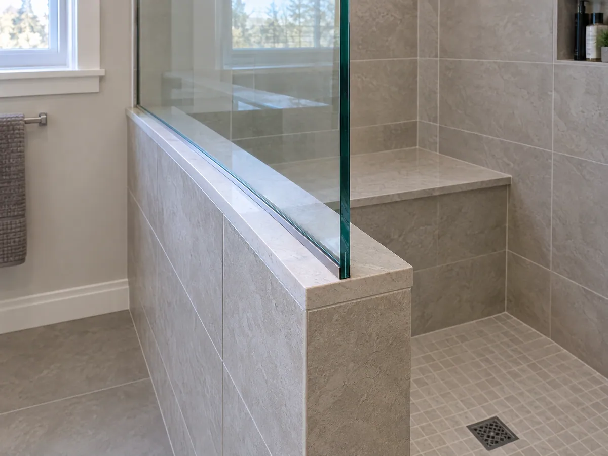 Clear glass shower panel set into a channel on a tiled half wall, with a tiled bench, a wall niche and a mosaic floor with a square drain beyond