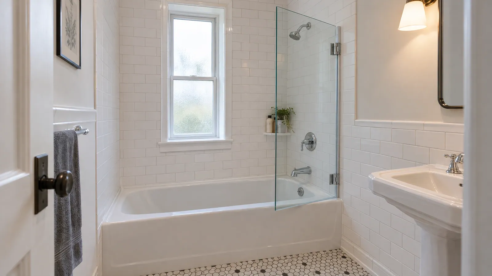 Small plex bathroom with a clear hinged glass screen fitted along the edge of the bathtub