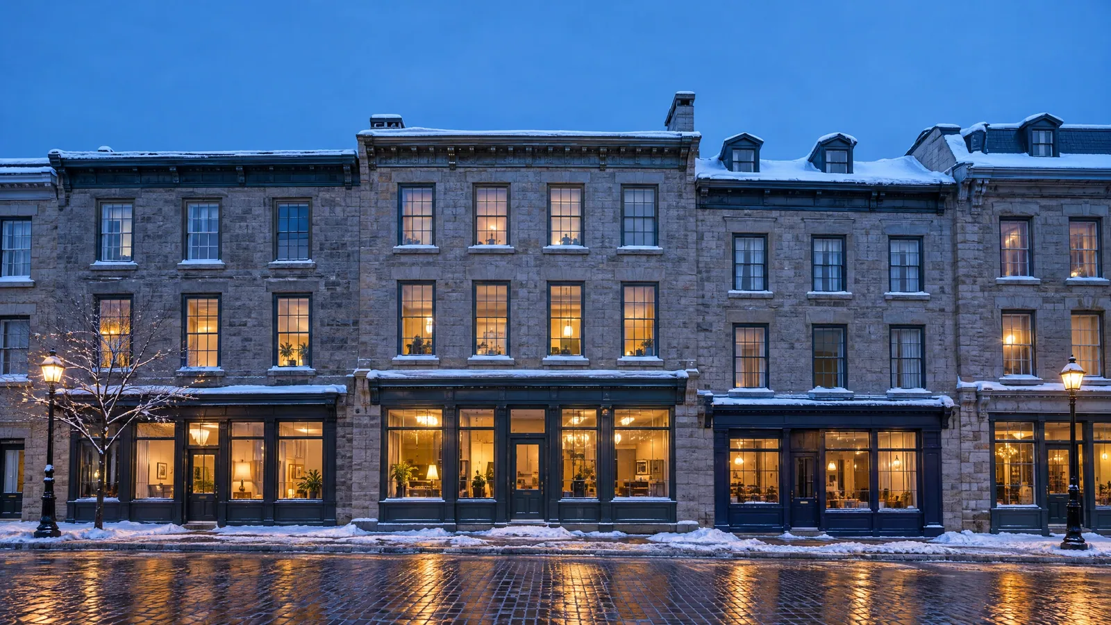 Row of four-storey greystone buildings at winter dusk, lit wood-framed windows above dark-painted shopfronts, snow along a wet cobbled street and old-style street lamps