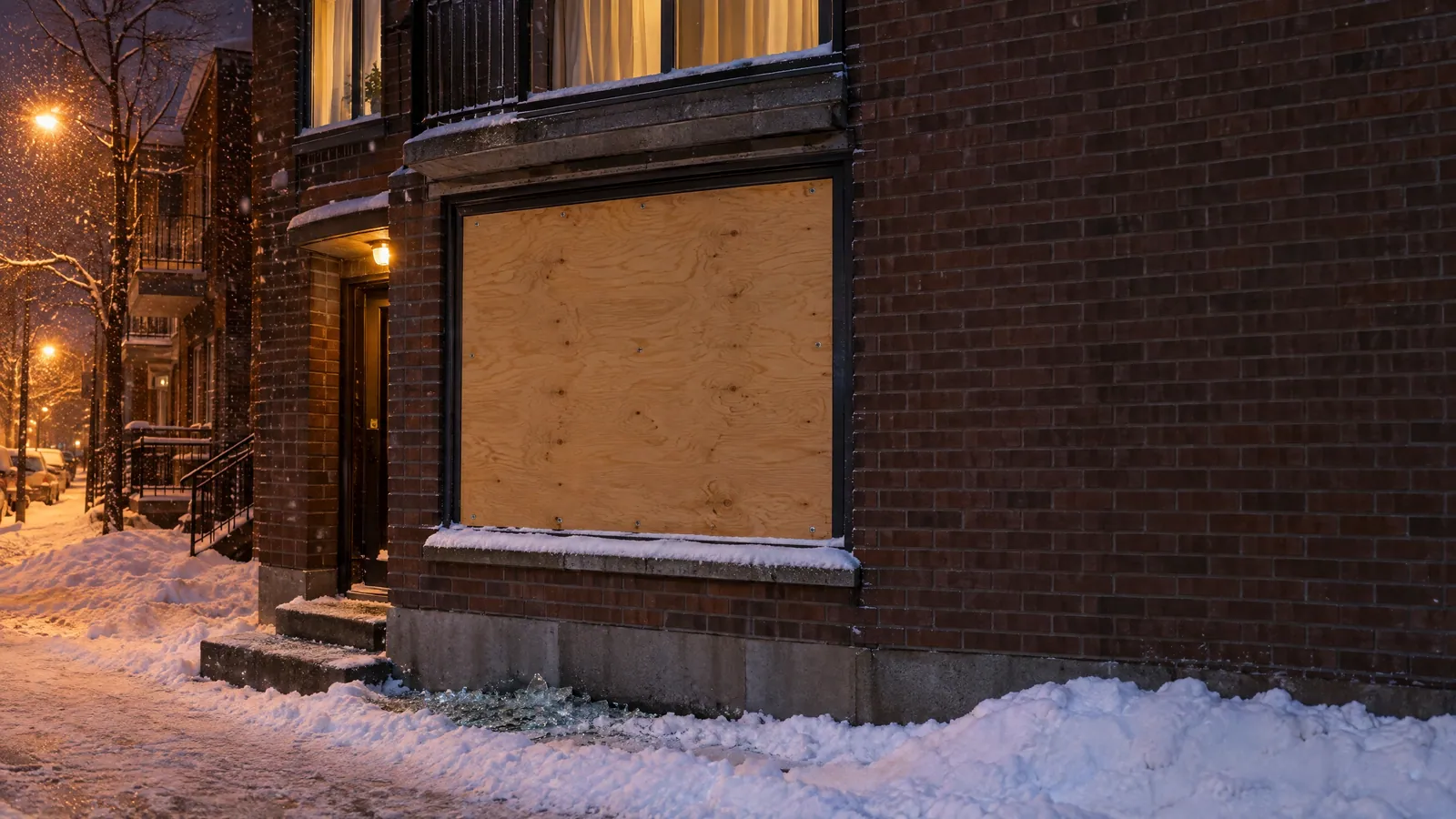 Ground-floor plex window covered with screwed-on plywood on a snowy night, broken glass in the snow below