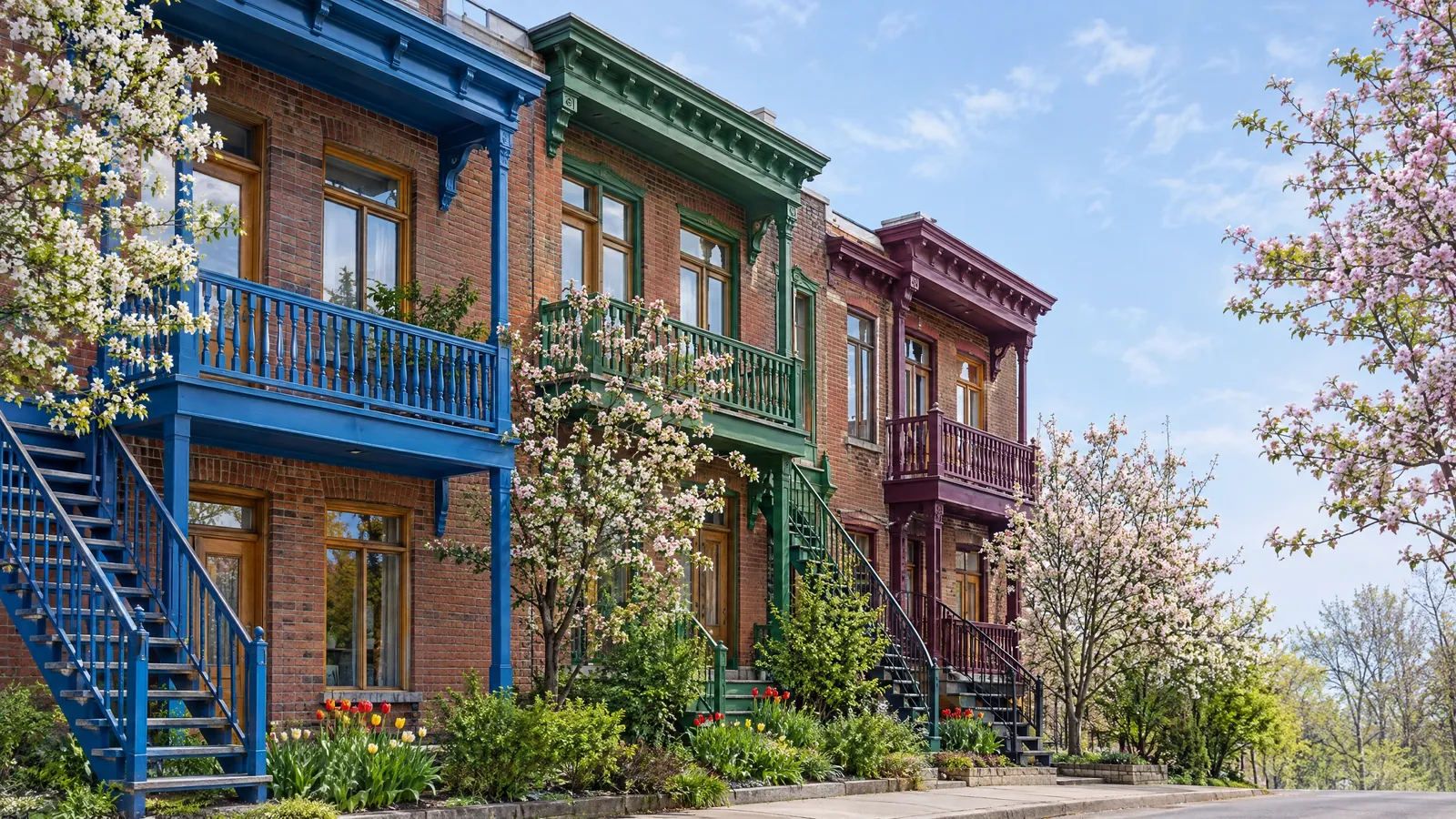Row of brick triplexes with blue, green and burgundy painted cornices, balconies and exterior staircases, wood windows, and trees in white and pink spring blossom