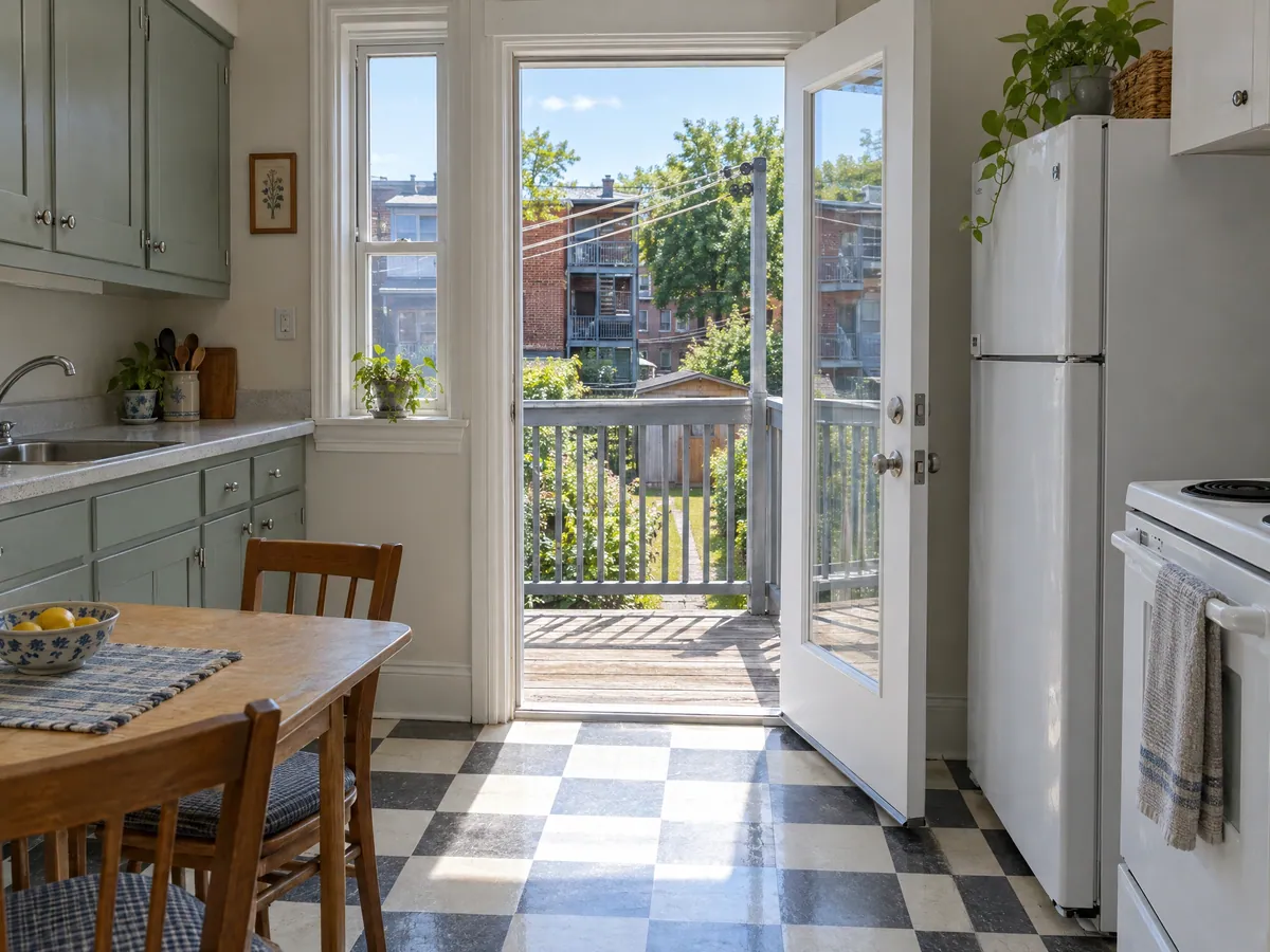 Plex kitchen with a glazed balcony door opening onto the rear gallery