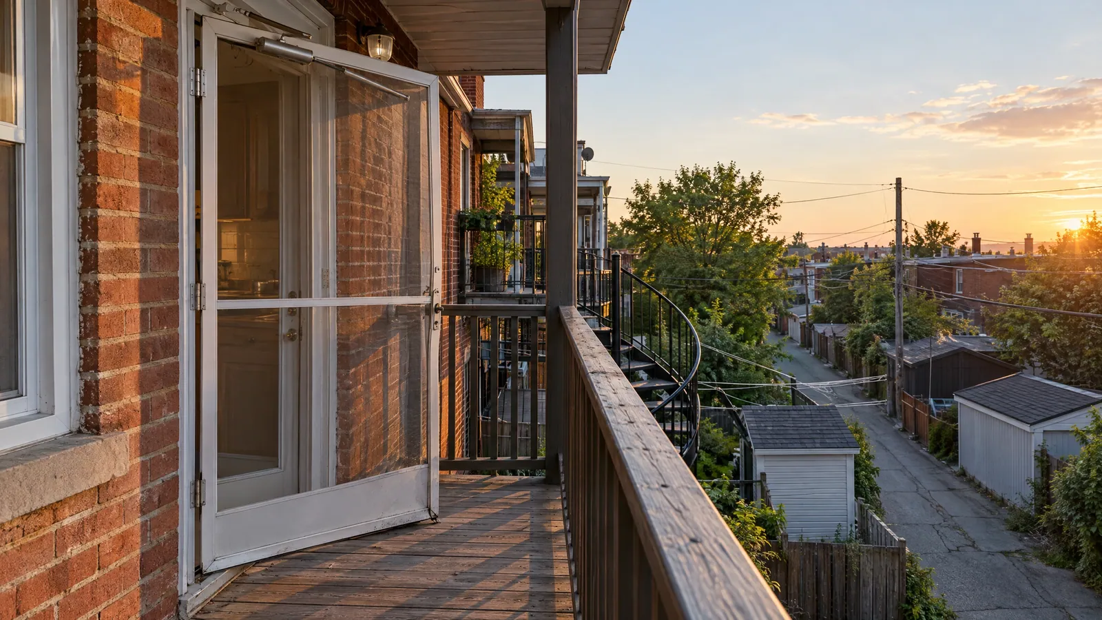 Aluminum screen door sagging open on the wooden back gallery of a brick plex, beside a spiral staircase above the lane