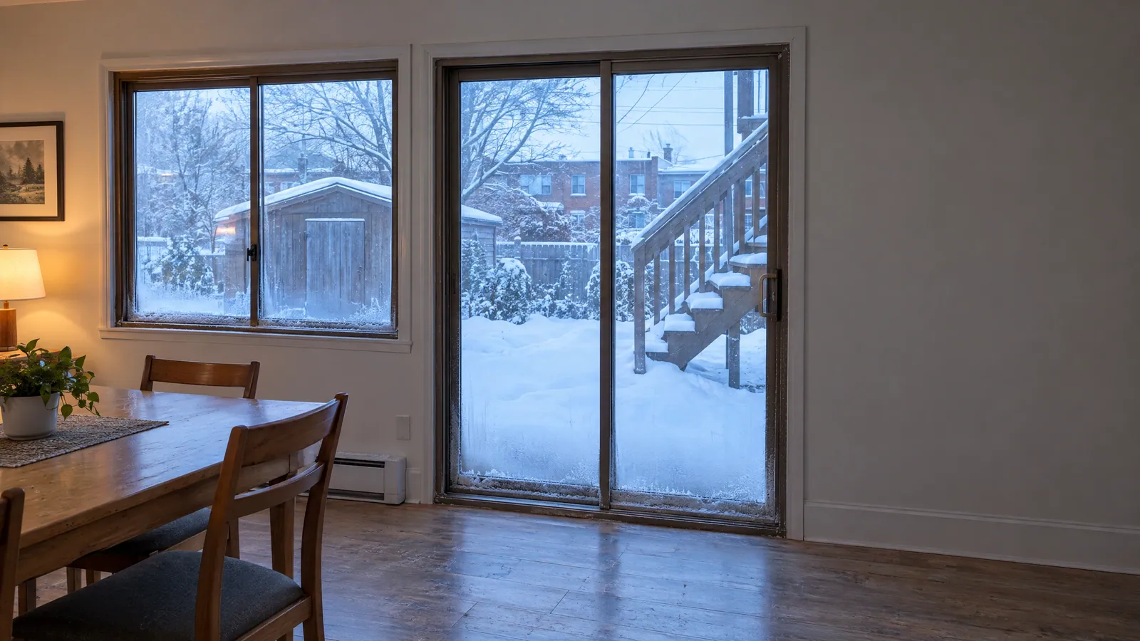 Plex dining room at dusk with an old aluminum sliding patio door and window, frost along the edges of the glass, looking onto a snowy yard, a shed and an exterior staircase