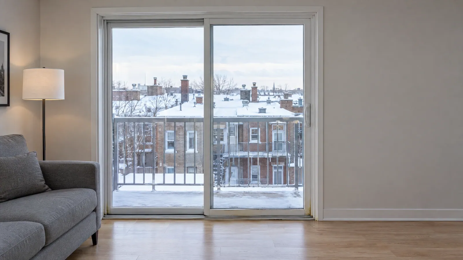 Upper-floor living room with a white sliding patio door onto a snowy balcony, looking over neighbouring plex rooftops and chimneys