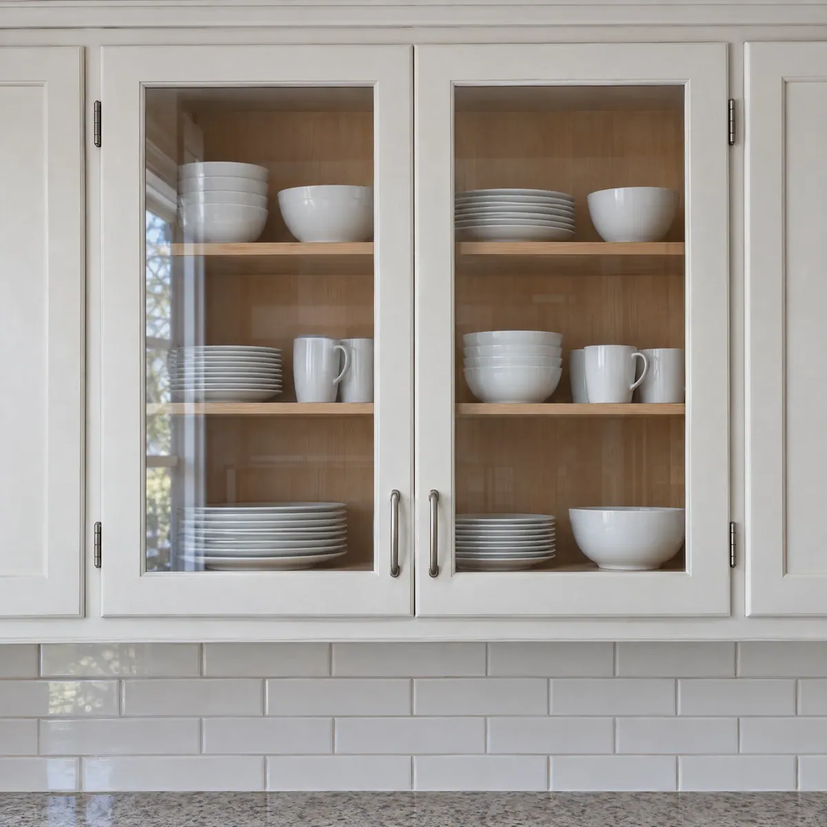 White kitchen cabinets with two glass-front doors showing white dishes