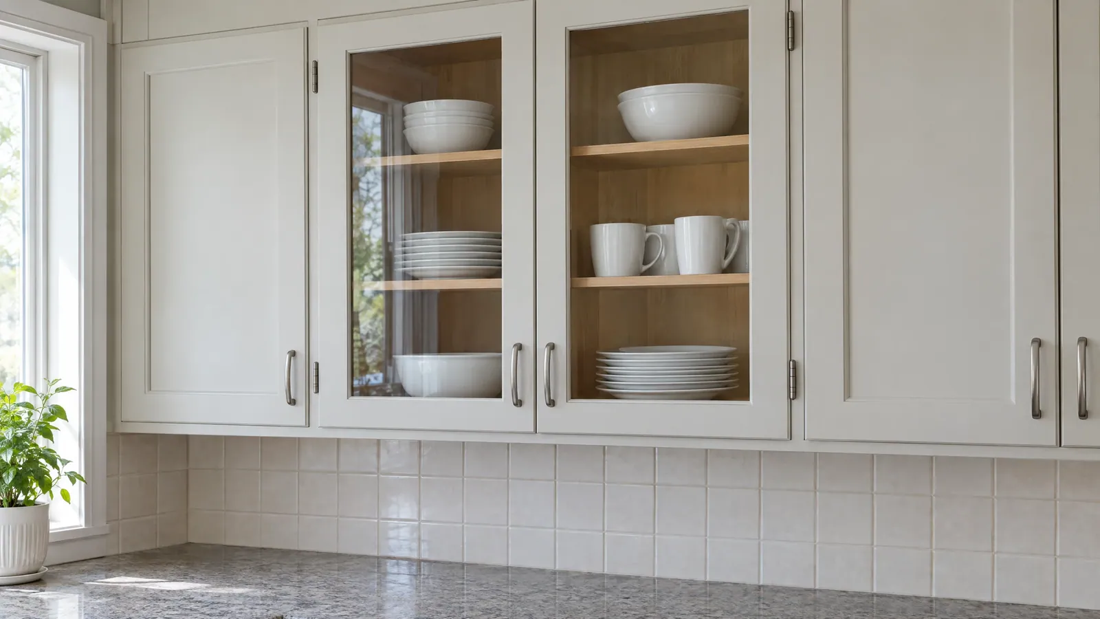 The same white cabinets with clear glass set into two doors, showing white dishes on wood shelves