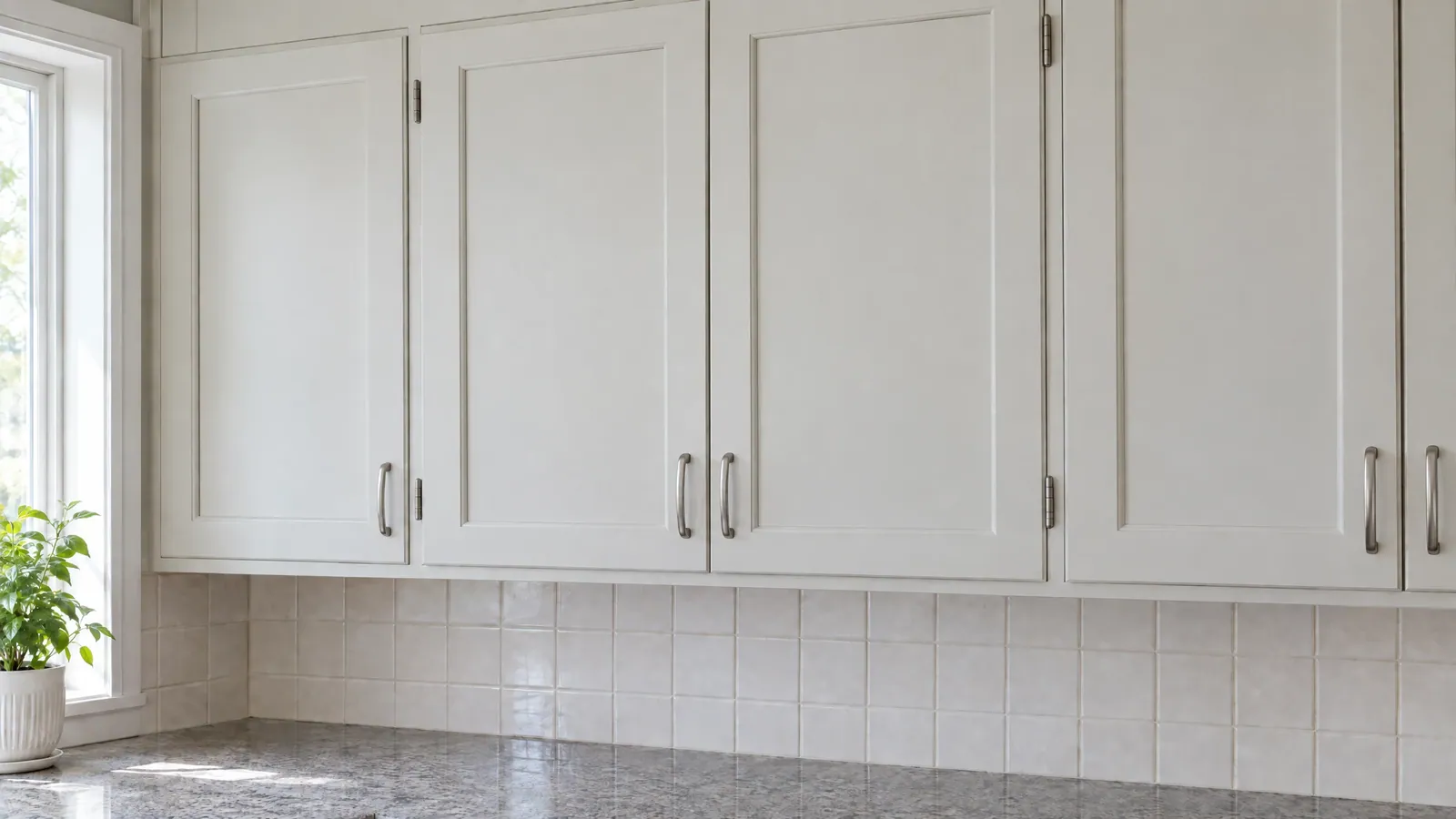 White kitchen upper cabinets with solid shaker-style doors before any glass is added