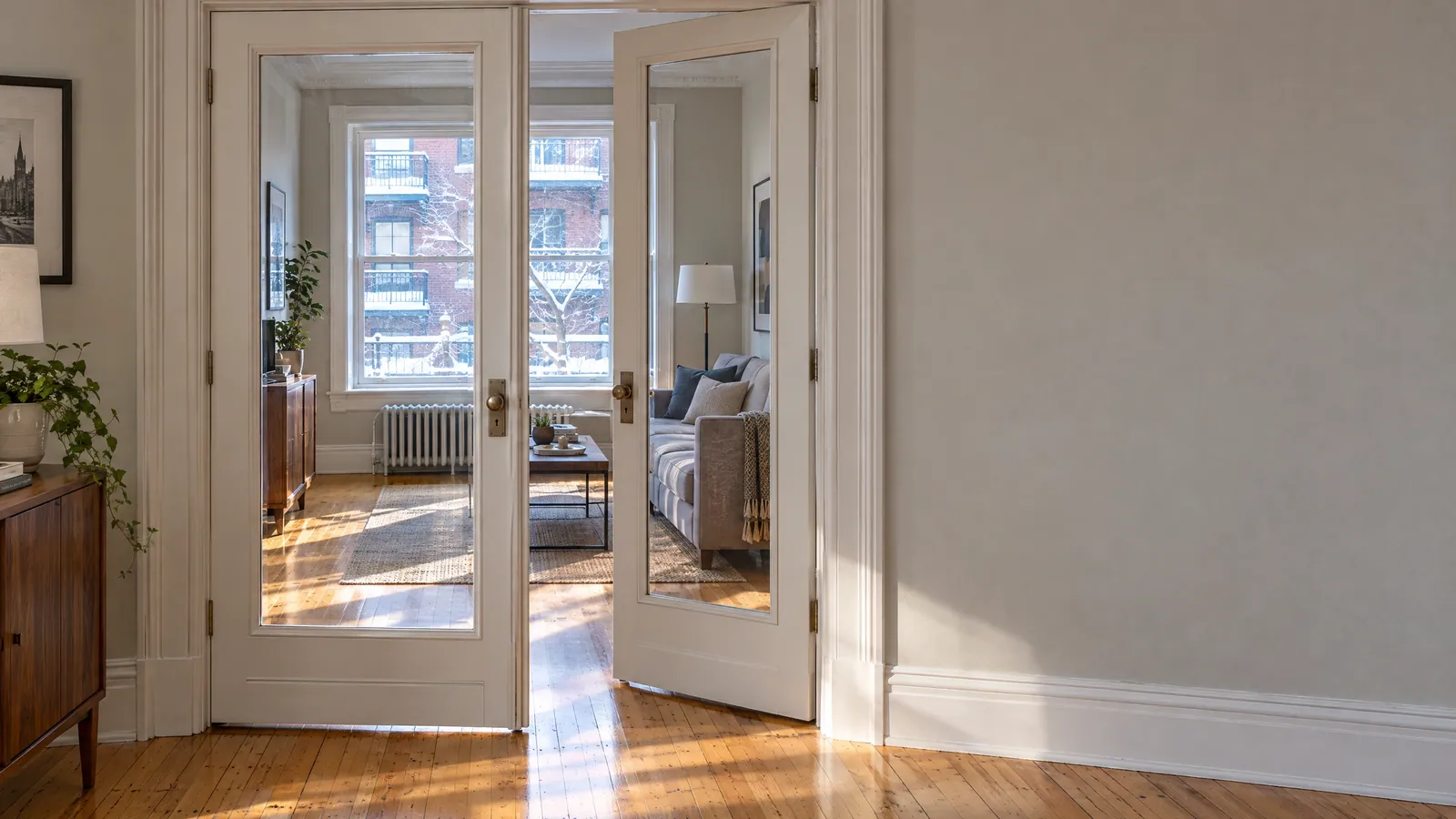 White wood French doors with full-height glass panes, open between two plex parlours