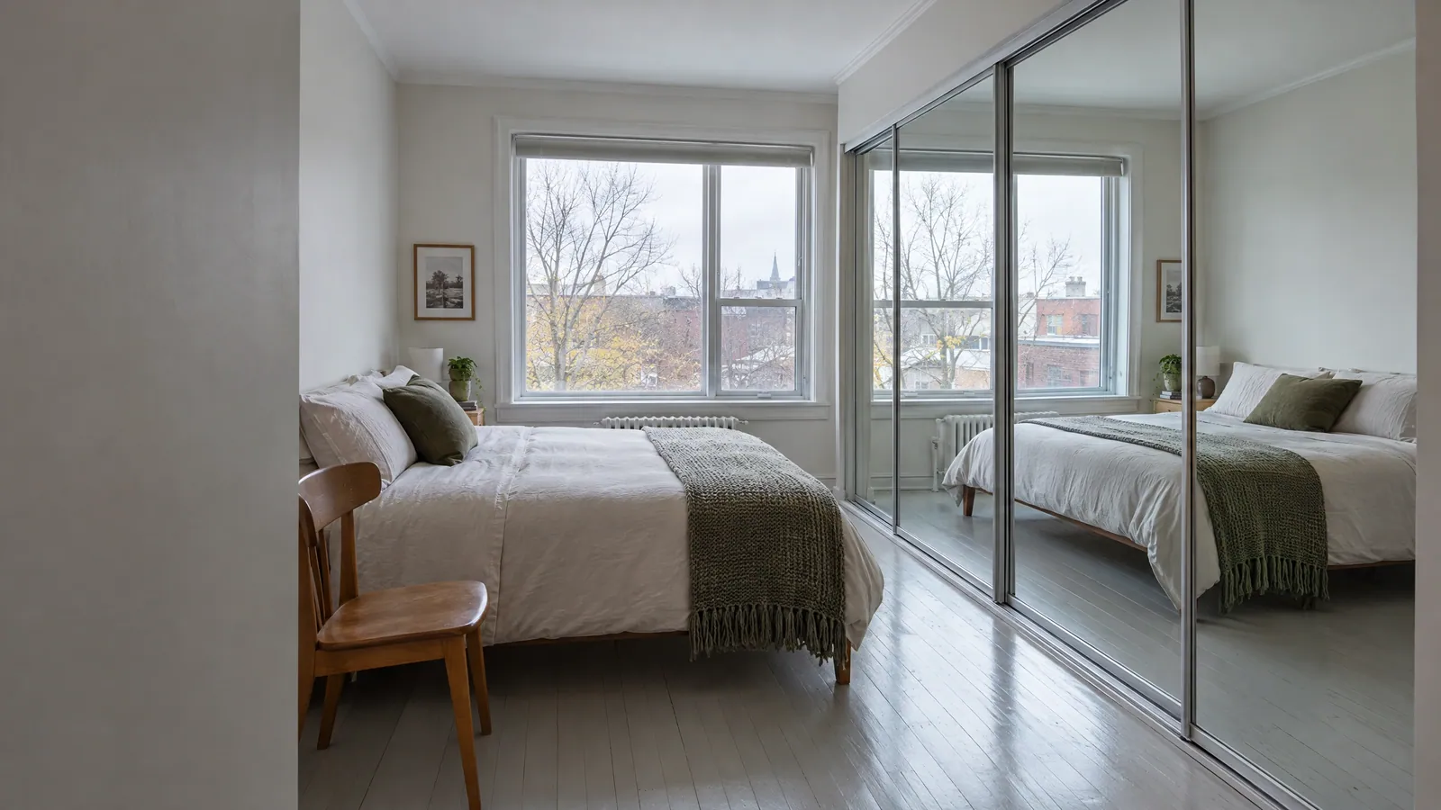 Plex bedroom with tall windows and a radiator, and three mirrored sliding closet doors reflecting the bed and windows