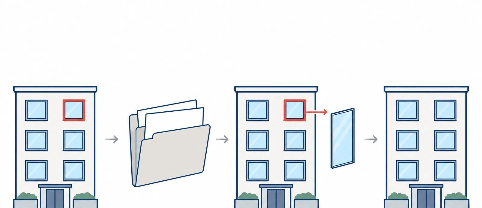 Four-panel illustration: a damaged window spotted on an apartment building, the paperwork prepared, the glass replaced and the finished façade