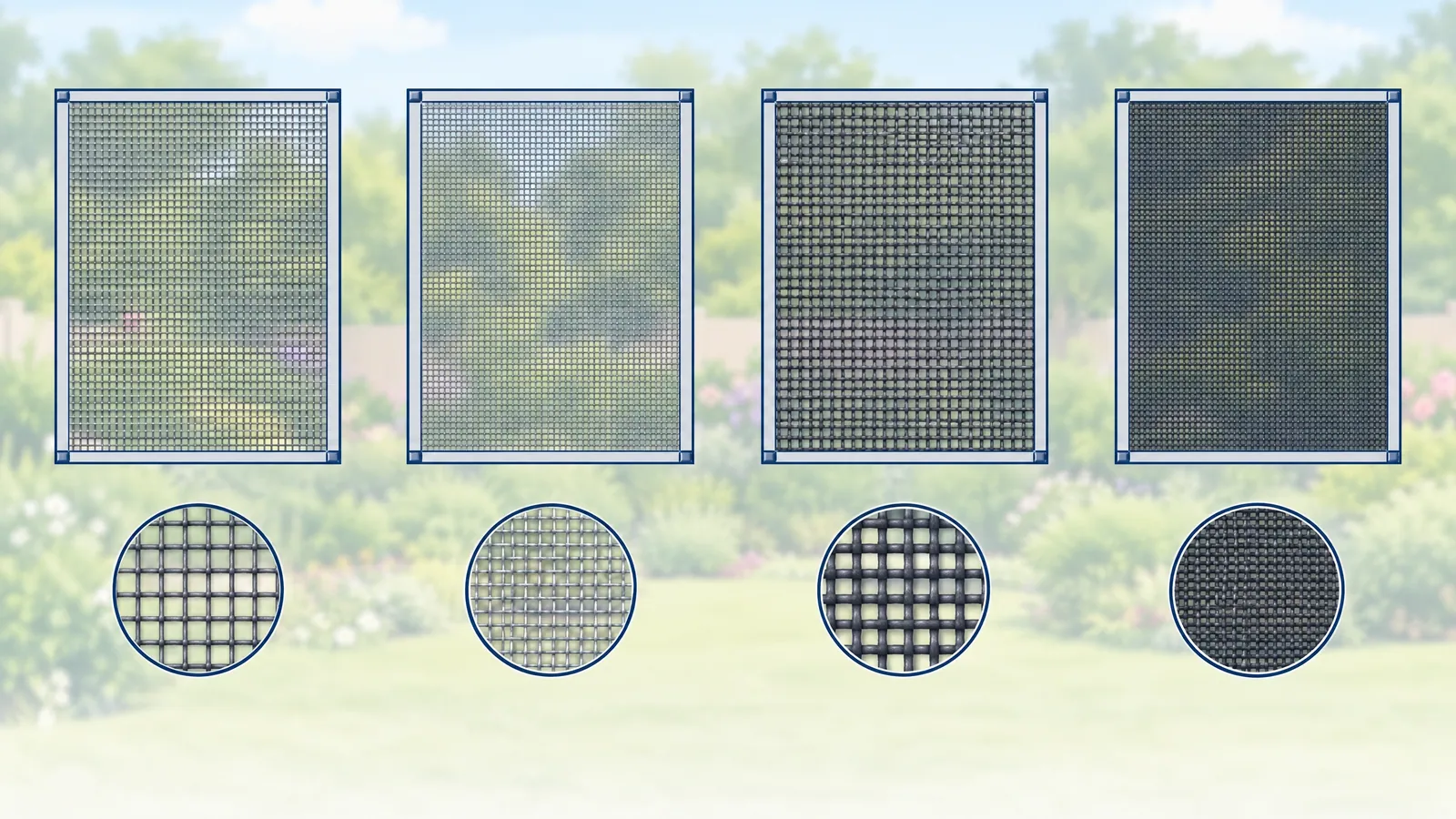 Four screen panels in pale frames, each with a round close-up of its mesh, from an open, light grid to a dense, dark weave