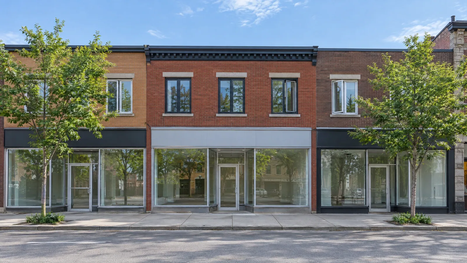 Row of two-storey brick buildings with glass shop windows at street level on a commercial artery