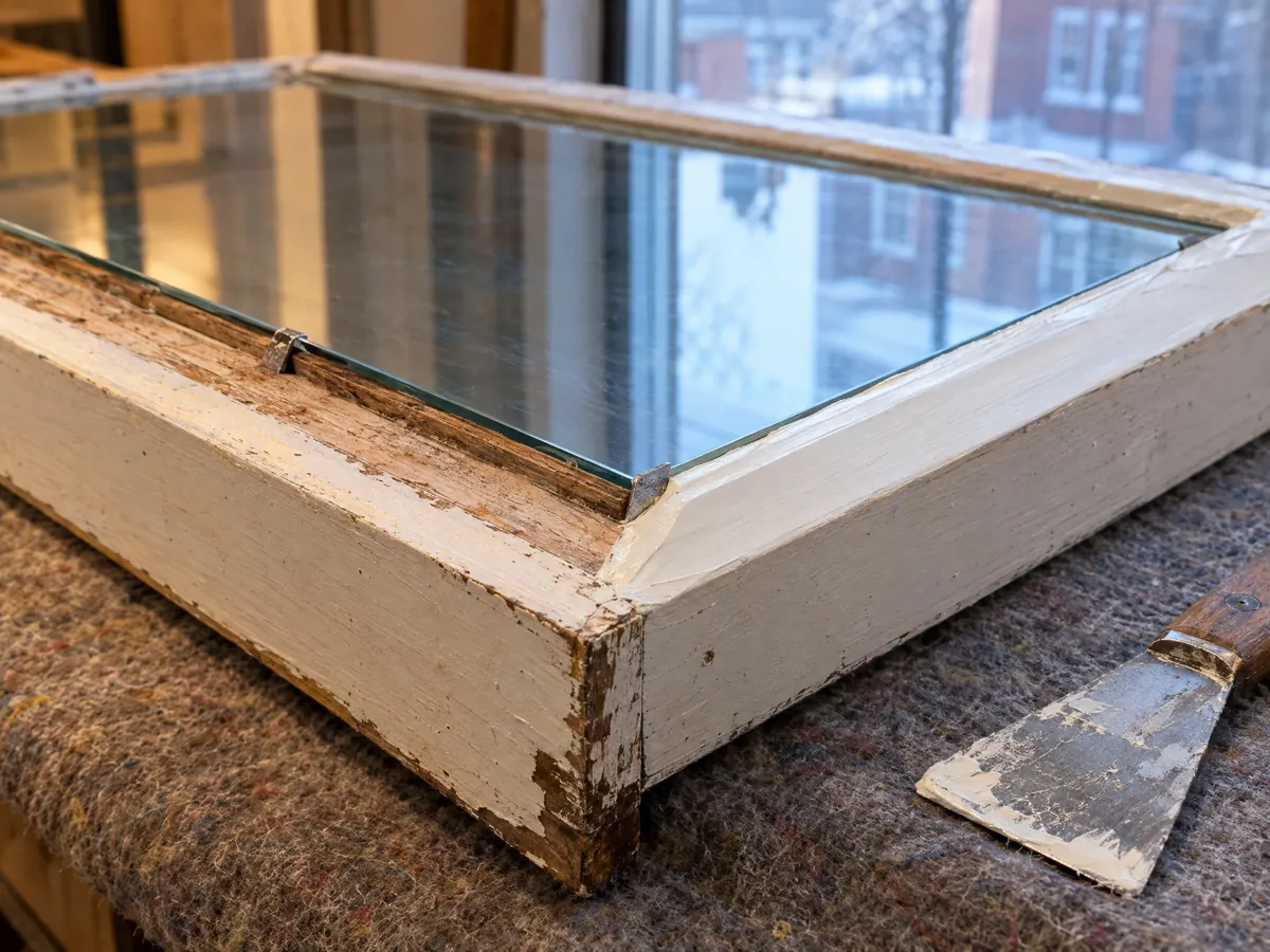 Glazier's points and a fresh bead of putty holding a new pane in an old wood sash