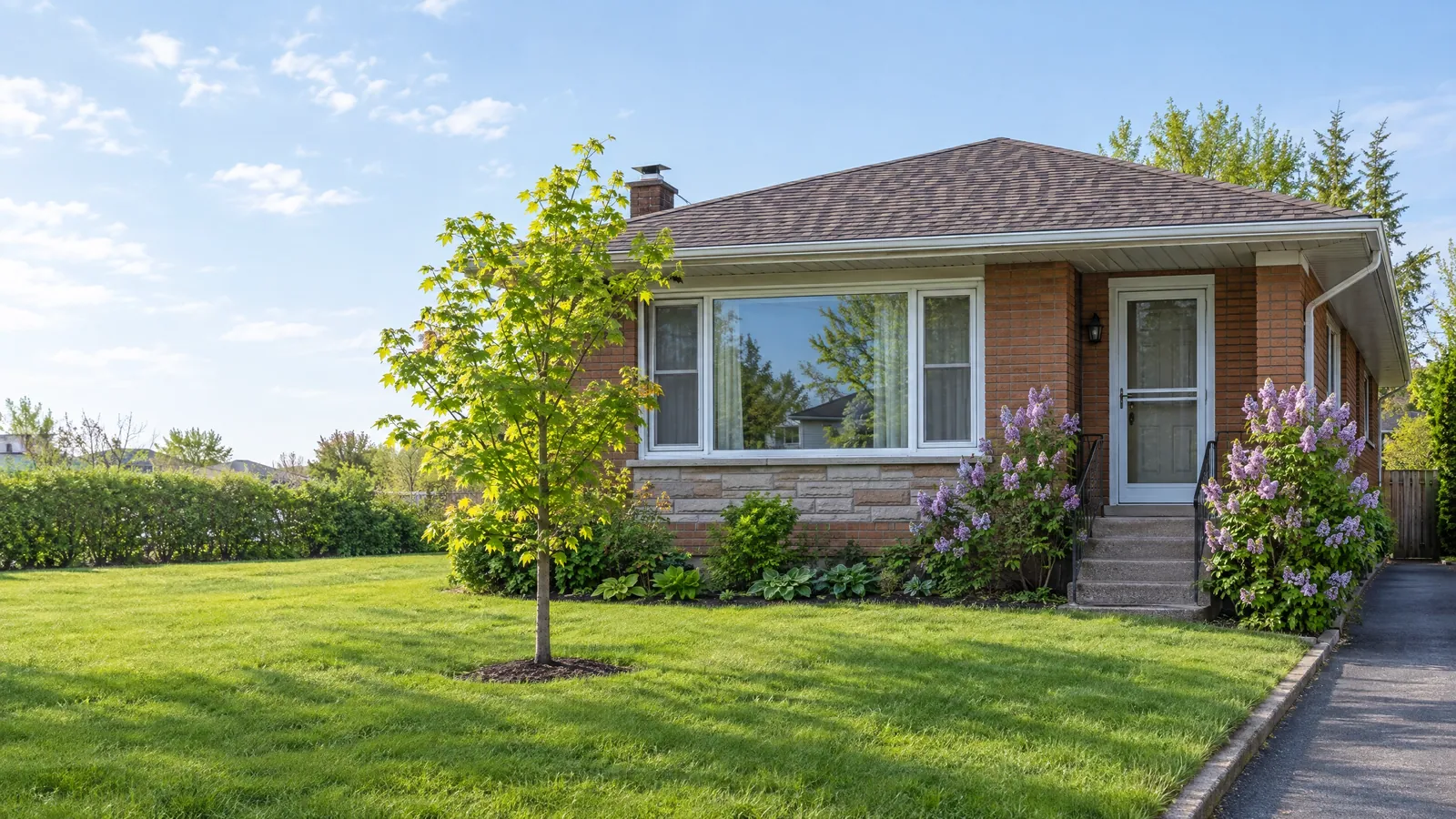 Brick bungalow with a wide picture window flanked by screened casements, a storm door at the side entry and lilacs in bloom in spring