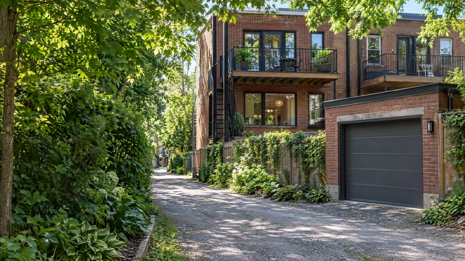 Tree-lined gravel lane behind brick plexes with railed rear balconies, balcony doors and a spiral stair, and a dark grey garage door set in a low brick garage