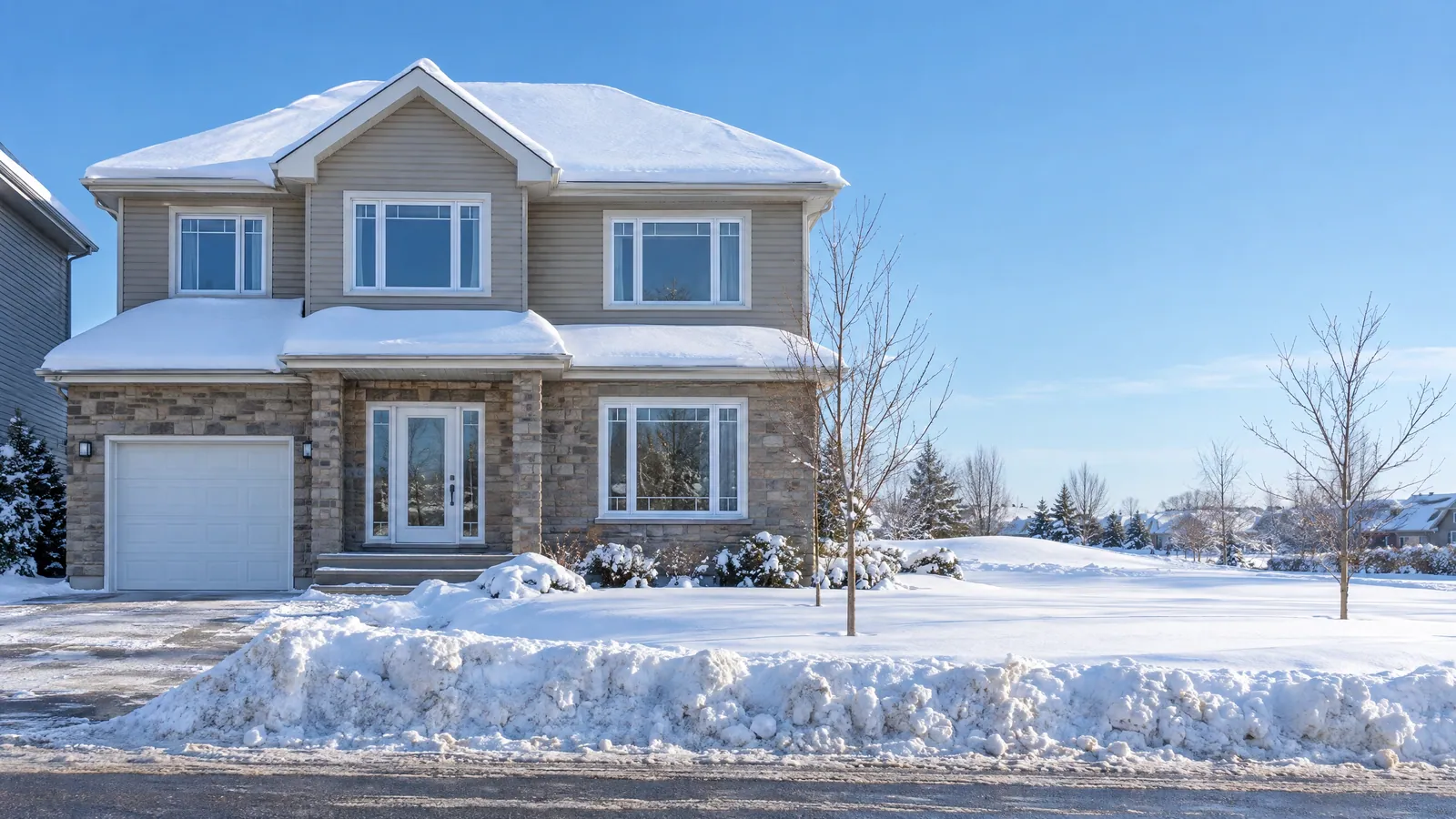 Two-storey house with a stone and siding façade, white windows and a glass-panel front door behind a plowed snowbank on a sunny winter day