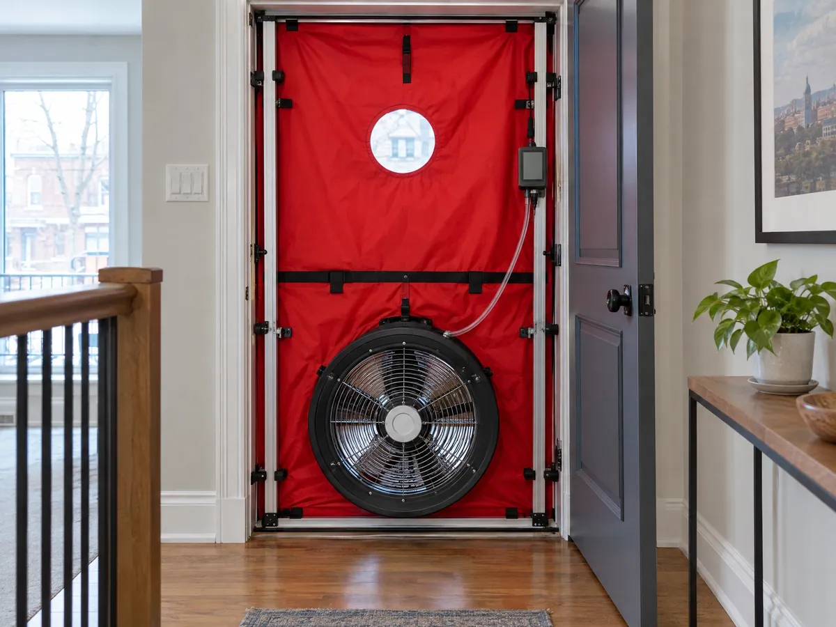 Red blower-door panel with a large black fan and a pressure gauge fitted into the entry doorway of a plex flat, beside a staircase railing