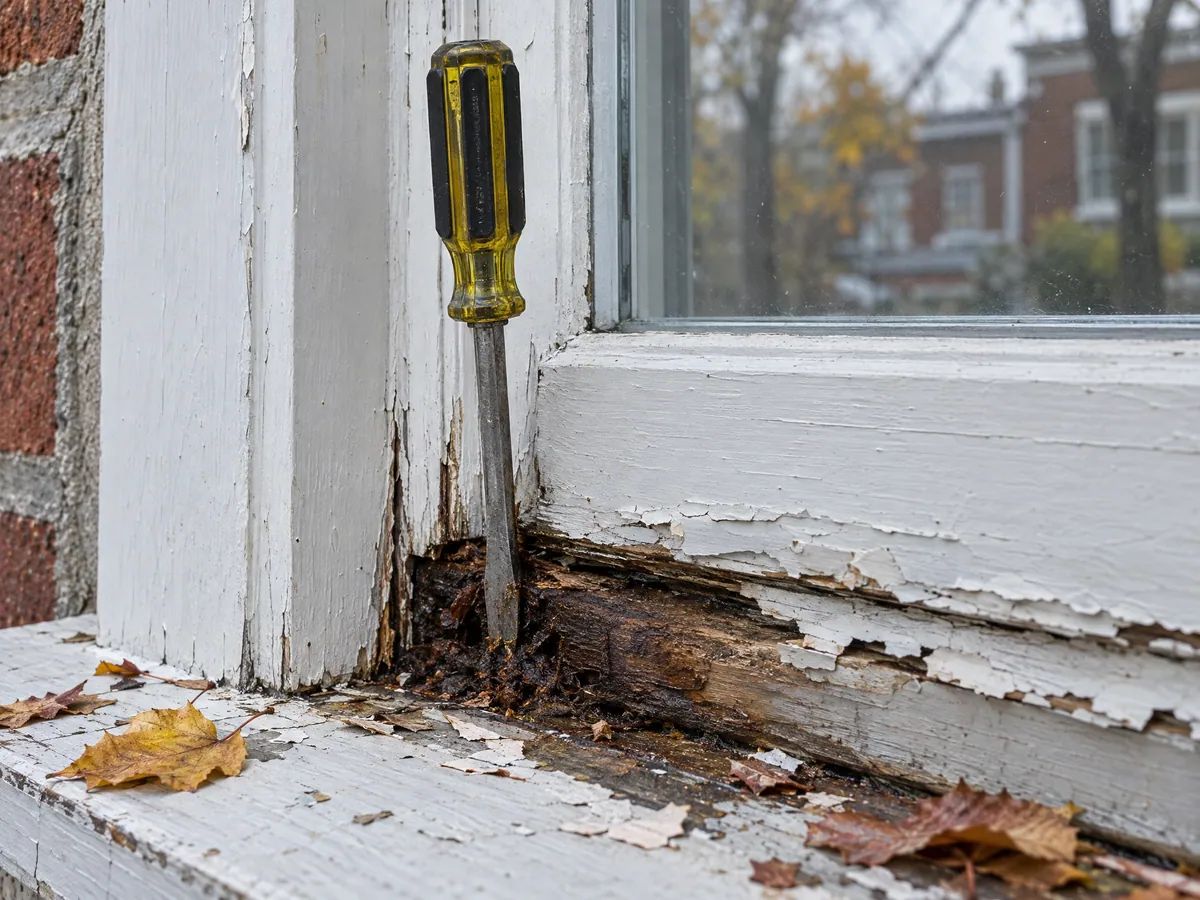 Yellow-handled screwdriver pushed deep into soft, rotted wood at the bottom corner of a white-painted window sash, with flaking paint and fallen autumn leaves on the sill
