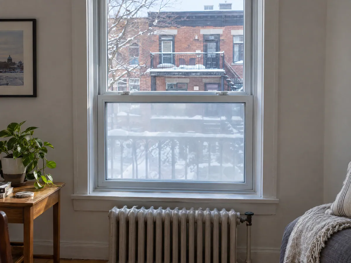 Front room of a plex flat in winter, with fog clouding the glass between the panes of one window's thermos