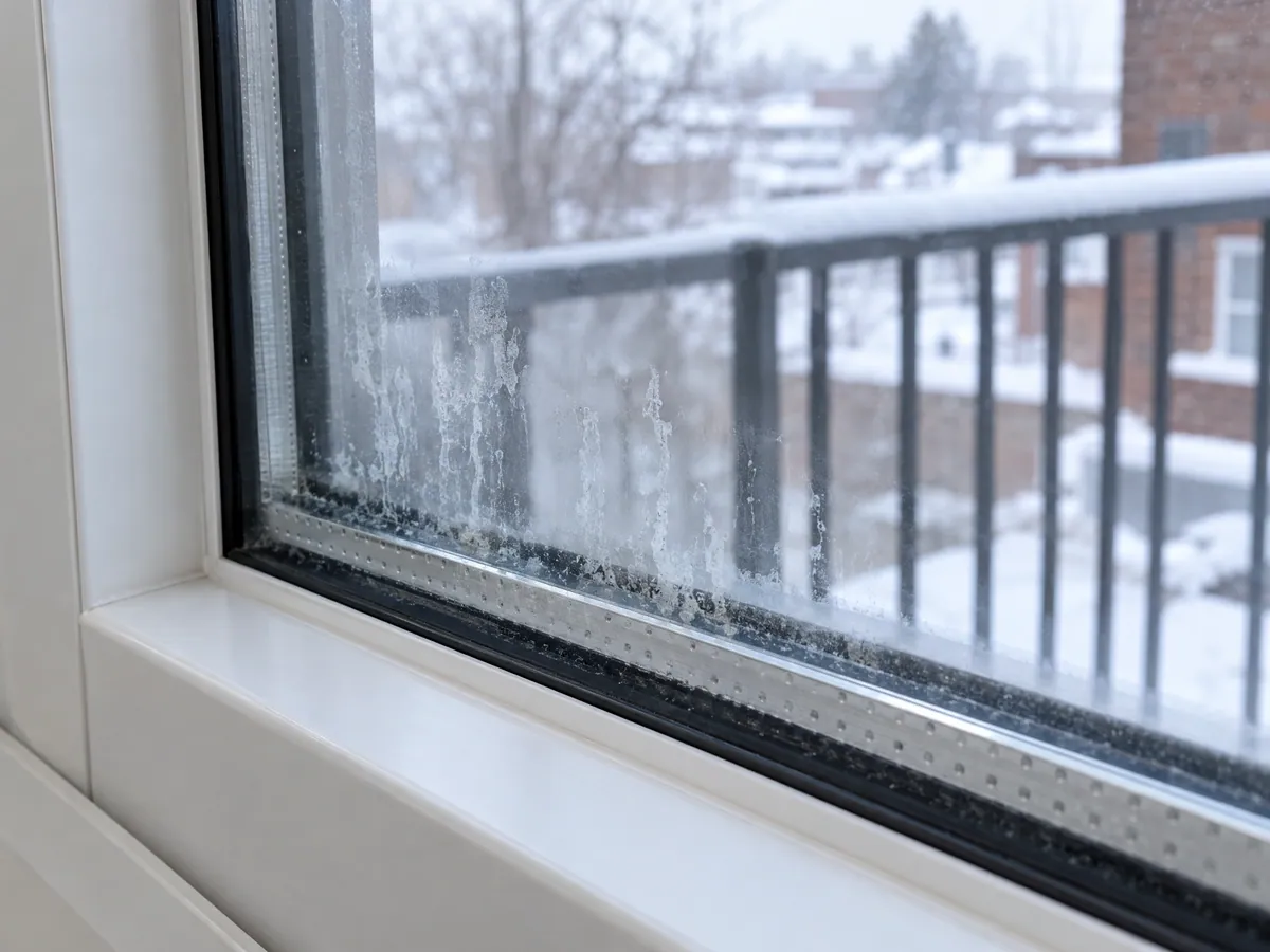 Close-up of the spacer bar inside a failed window thermos, with dried white mineral streaks on the inner faces of the glass