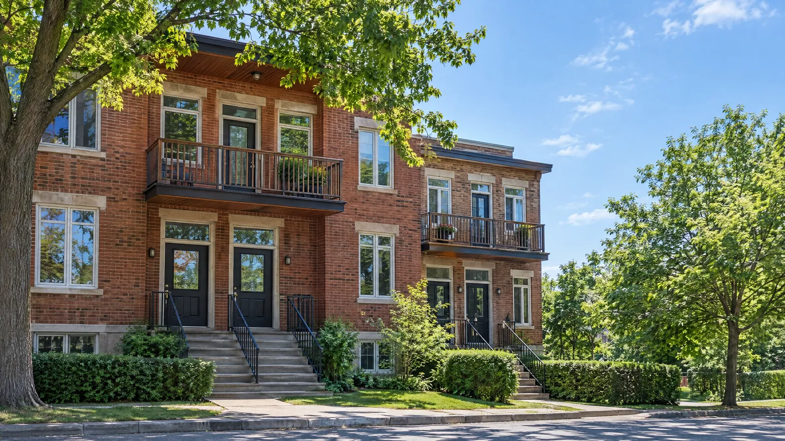 Row of red-brick plexes on a summer day, dark front doors with glass panels under glass transoms, railed balconies with doors on the floor above, and a large tree