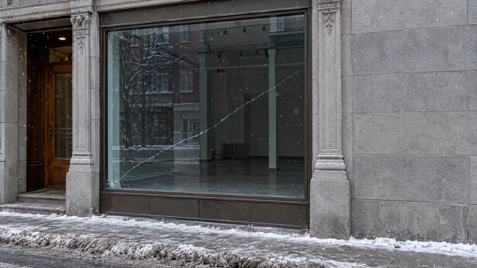 Large display window with a long crack across the glass, set in a grey stone commercial building